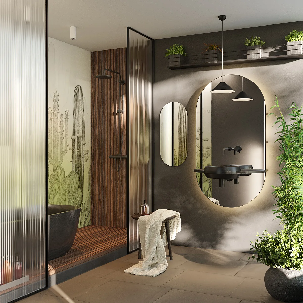 Rendering di un bagno moderno con specchio ovale retroilluminato, vetro cannettato e piante