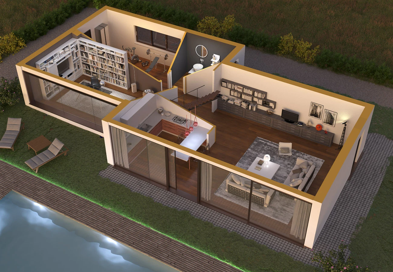 Spaccato assonometrico 3D di una casa arredata vista dall'alto