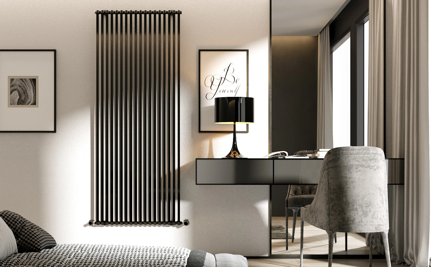 Rendering per catalogo: radiatore verticale nero in una camera con scrivania