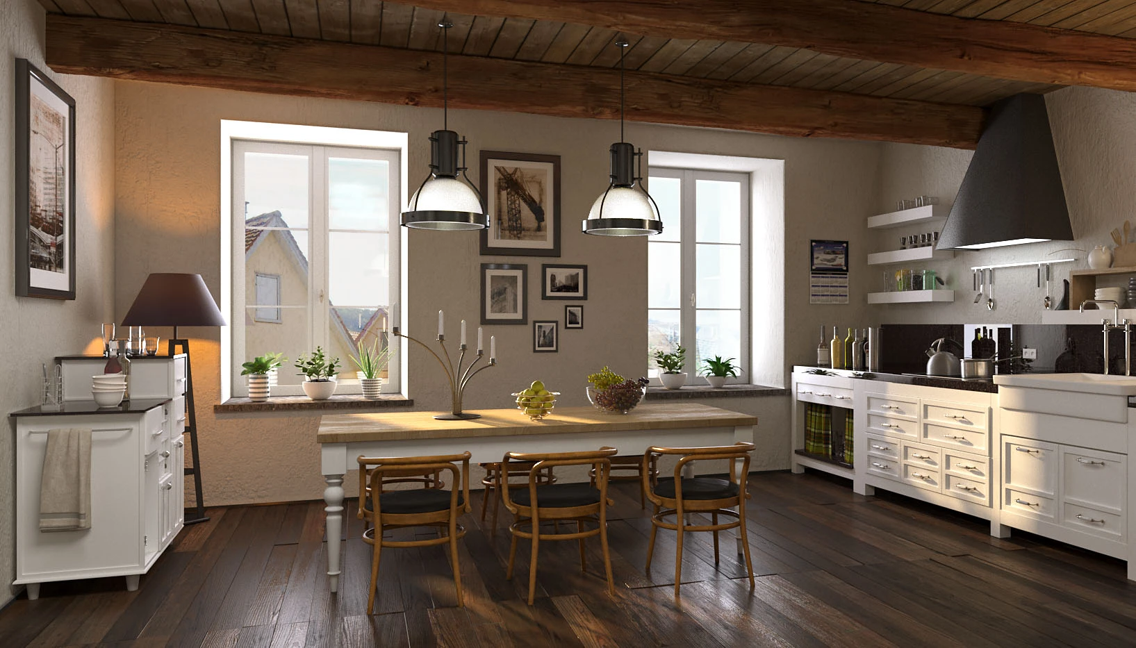 Rendering di una cucina rustica con travi a vista, tavolo in legno e lampade industriali