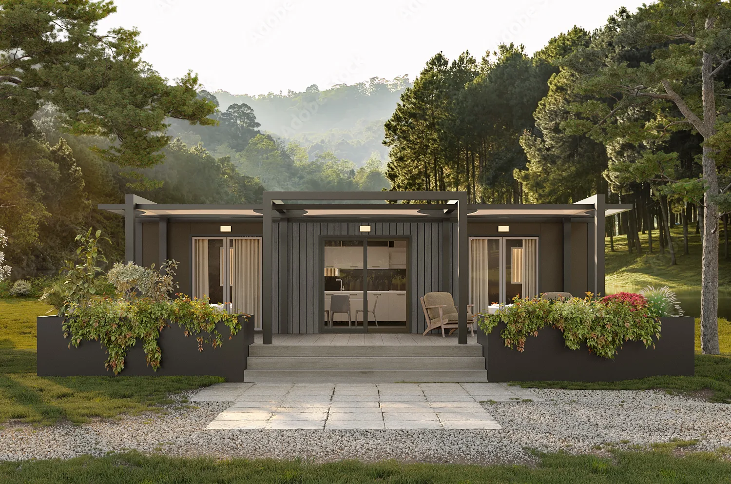 Fotoinserimento di una casa mobile moderna in un giardino tra gli alberi