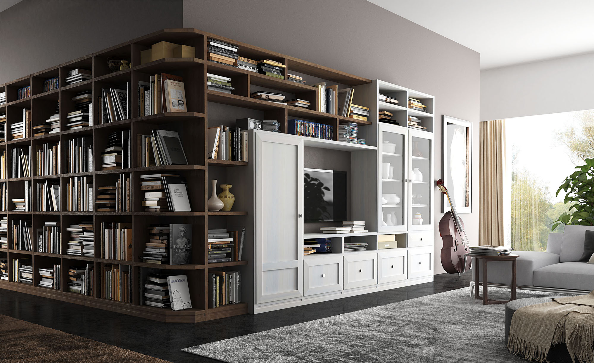 Rendering di un soggiorno con libreria a parete in legno scuro e bianco