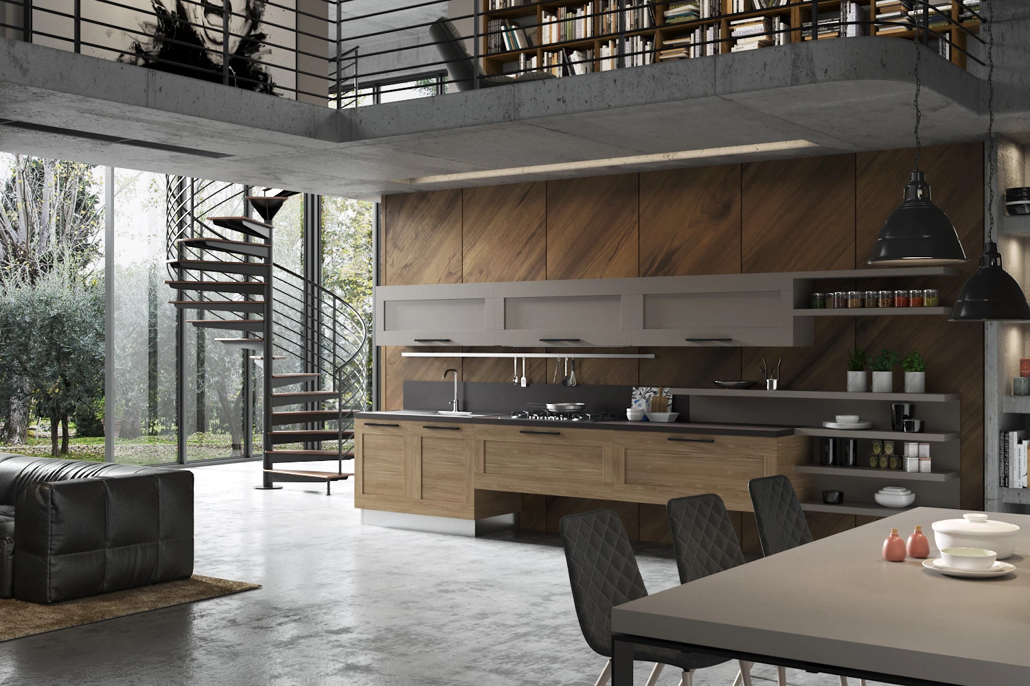 Rendering di una cucina open space in legno con isola, scala a chiocciola e soppalco