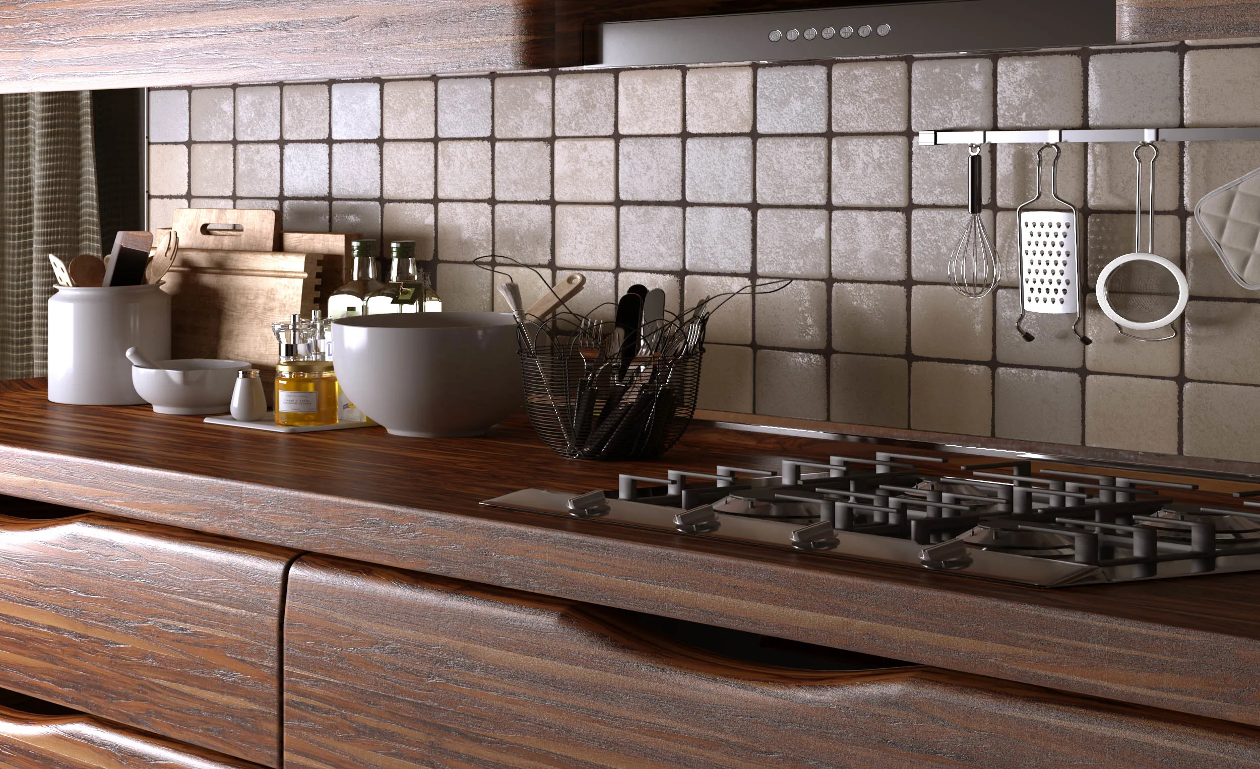 Rendering di una cucina in legno scuro con piastrelle artigianali e piano cottura