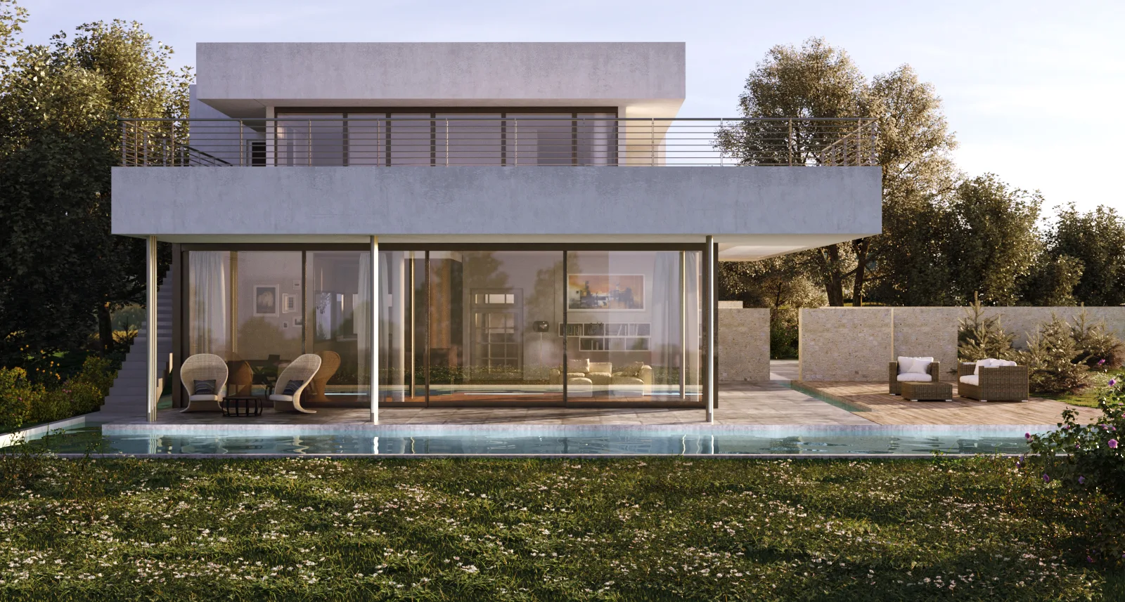 Rendering di esterni di una villa moderna con piscina e grandi vetrate