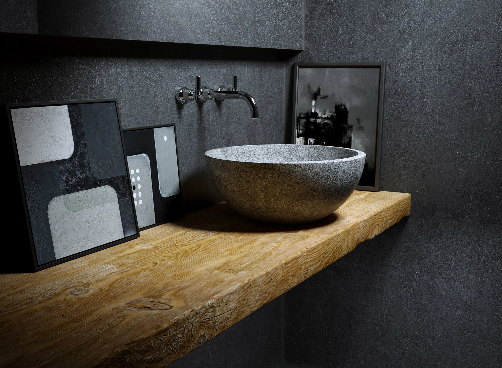 Rendering di un bagno con lavabo in pietra su mensola in legno e parete in pietra scura