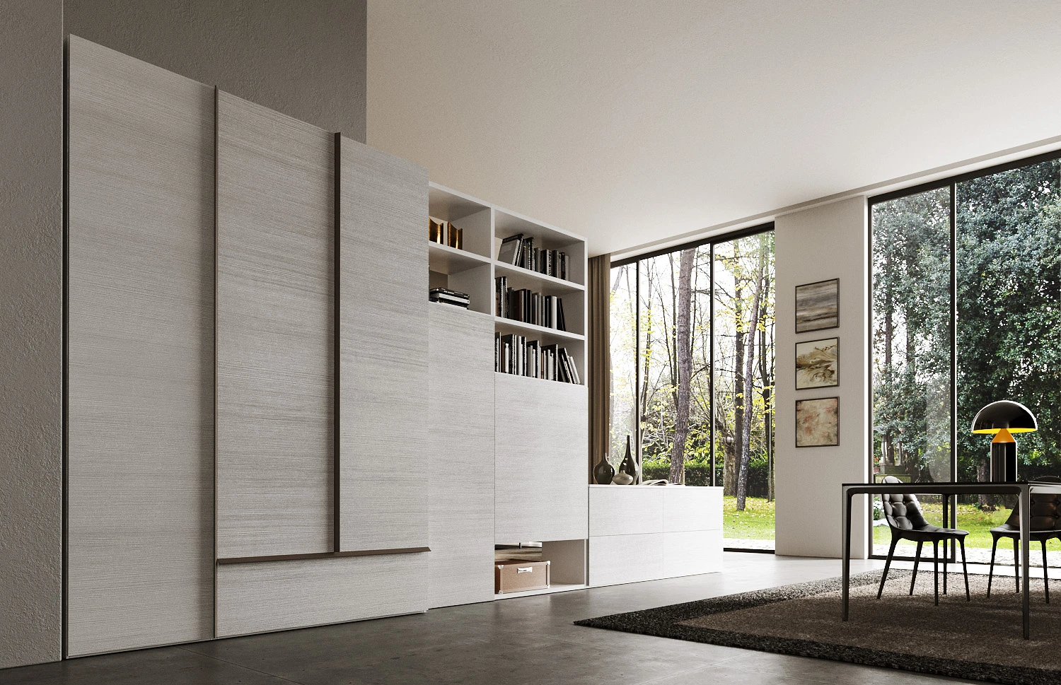Rendering per catalogo: armadio a parete bianco con libreria in un open space luminoso