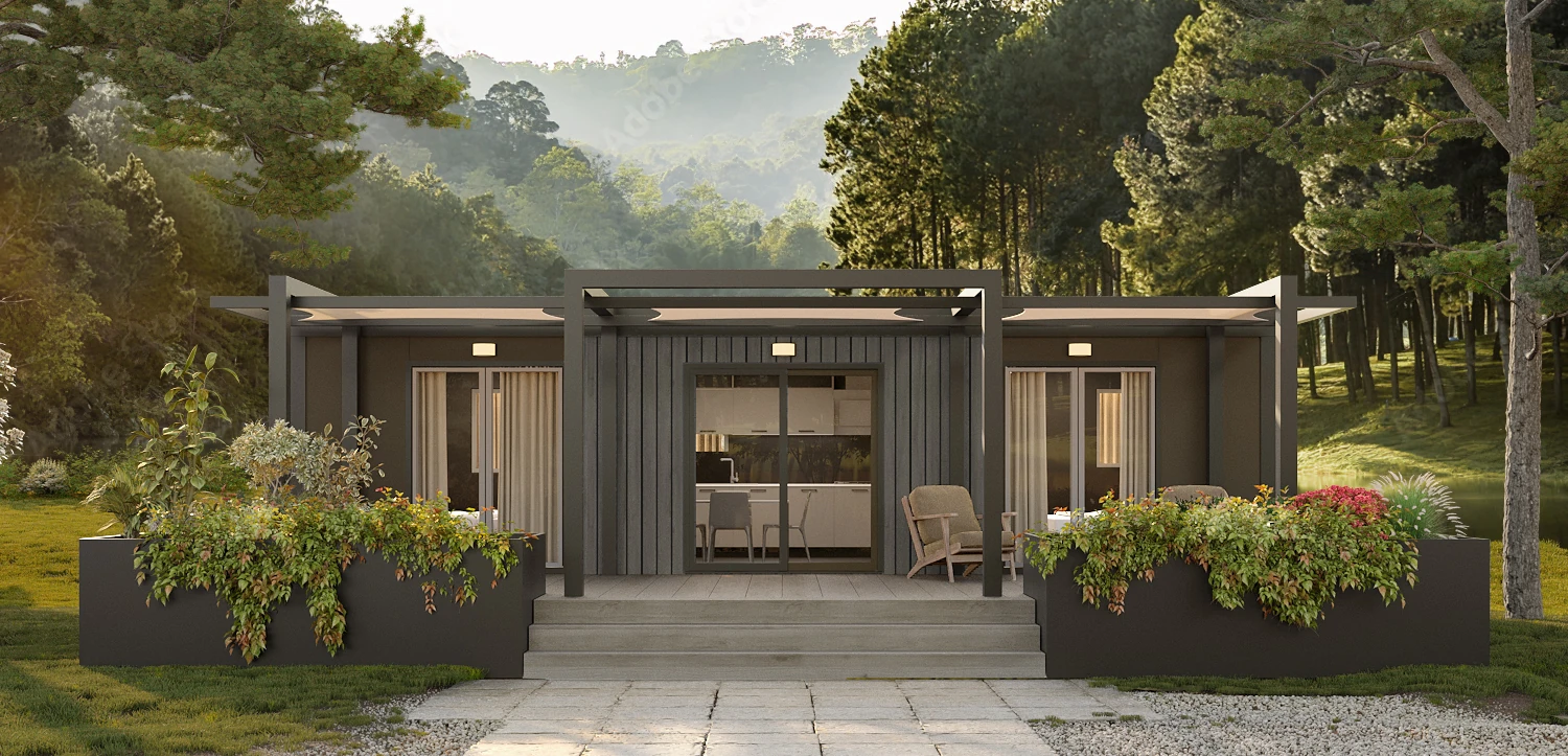 Rendering di esterni di una casa prefabbricata moderna immersa nel bosco