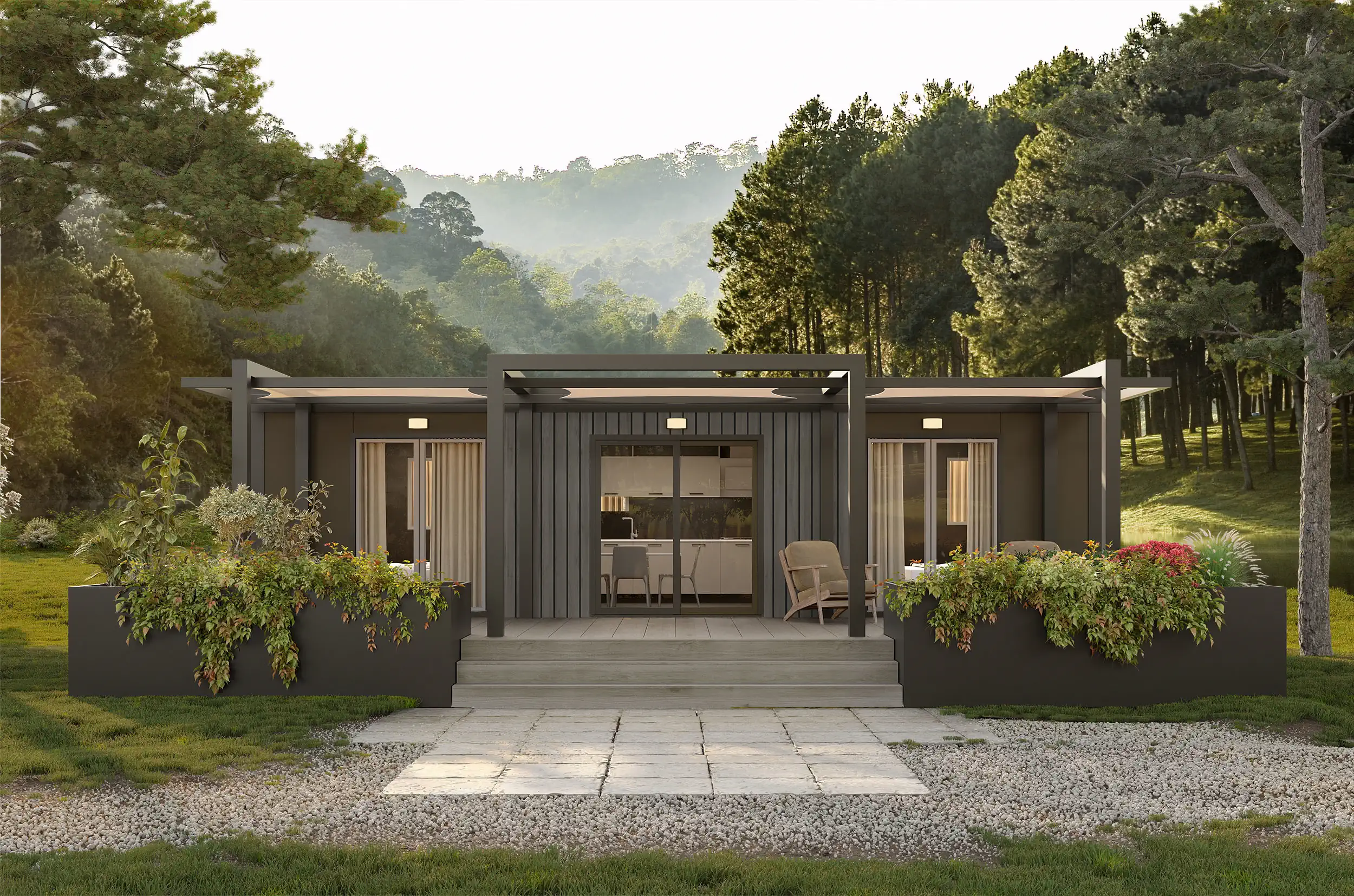 Rendering di esterni di una casa prefabbricata moderna immersa nel bosco
