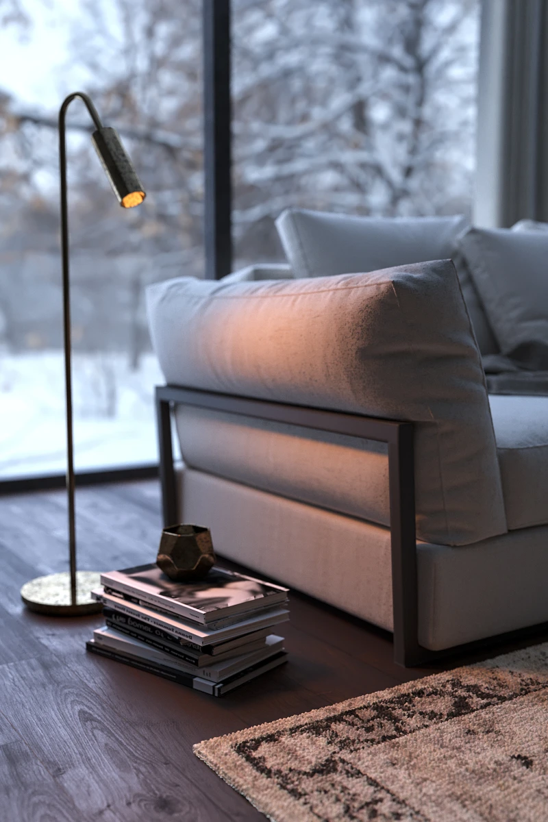 Rendering di interni: angolo relax con divano e lampada da terra davanti a una vetrata sulla neve