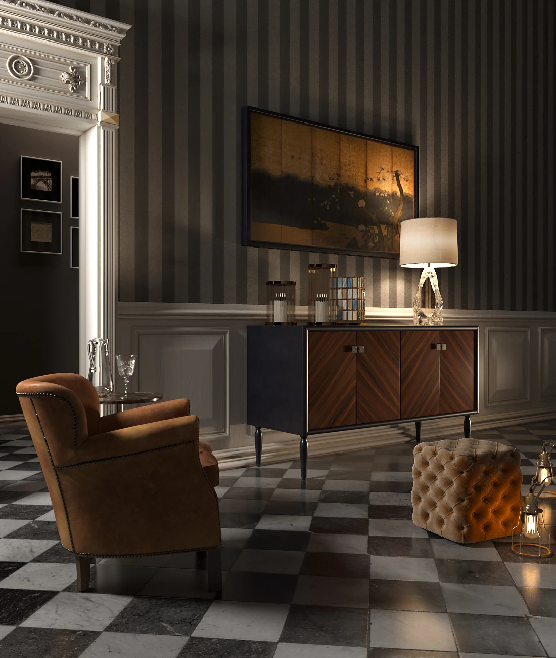 Rendering di un living classico con poltrona in pelle, madia e pavimento a scacchi