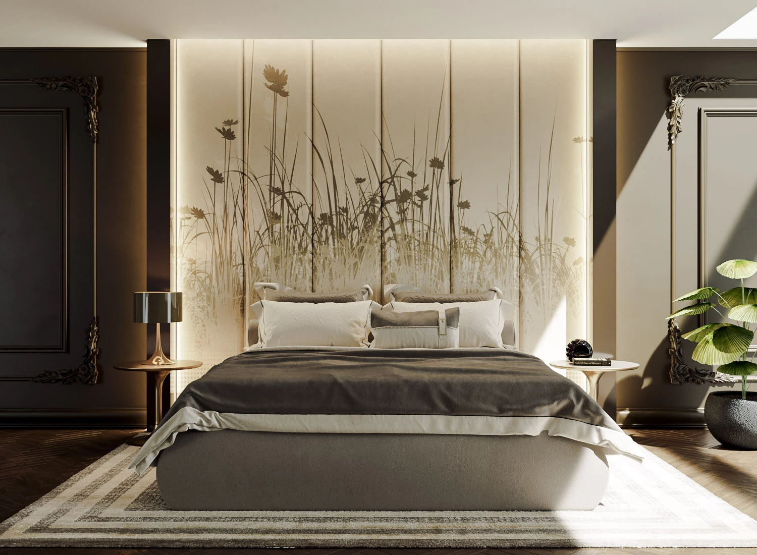 Rendering di una camera da letto con testiera decorata a motivi vegetali e luce soffusa