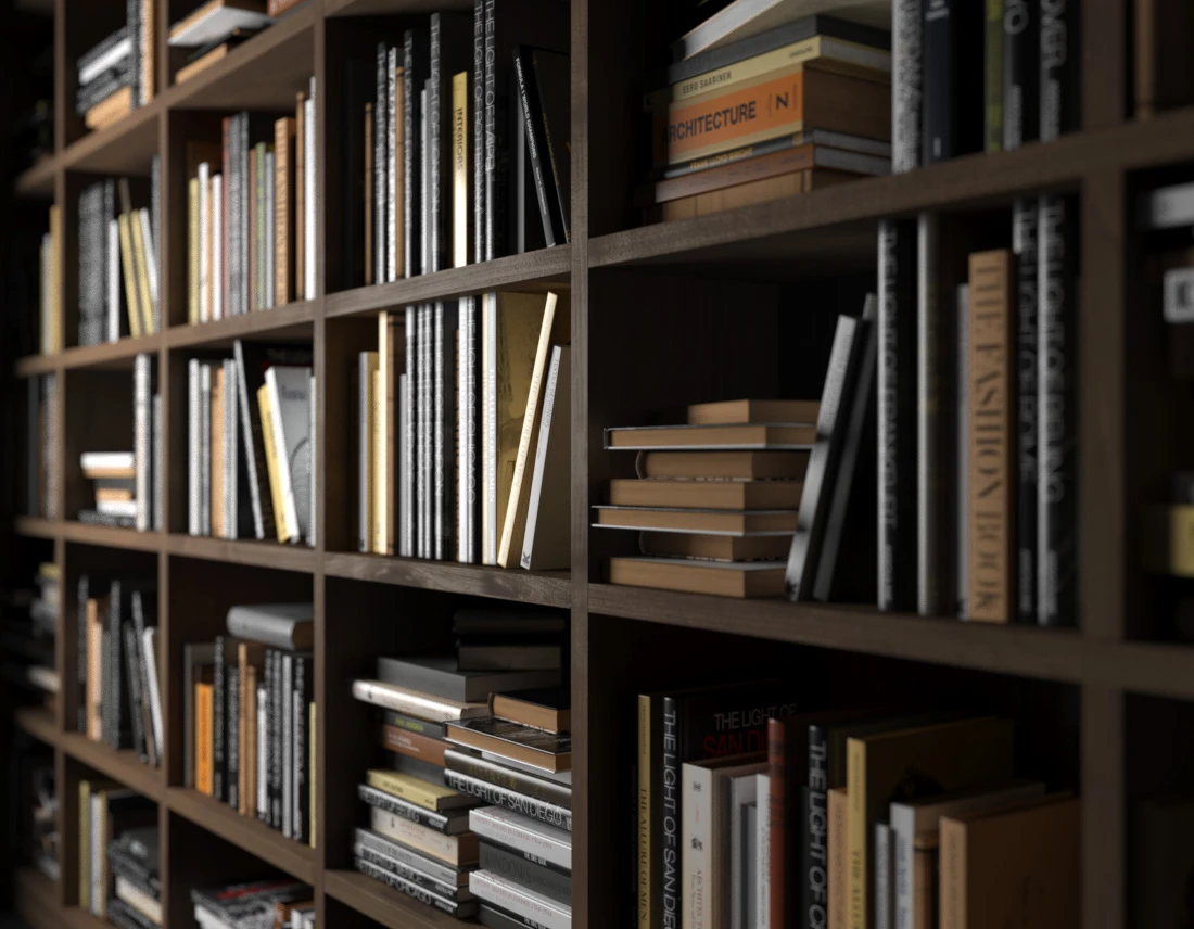 Rendering di una libreria a giorno in legno scuro piena di libri