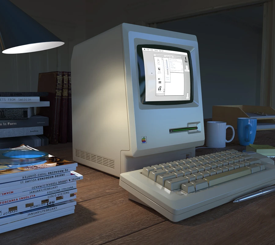 Rendering di una scrivania con computer vintage, tastiera e libri in luce serale