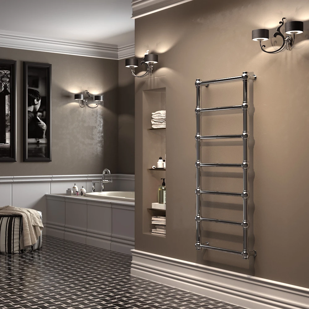 Rendering di un bagno classico con scaldasalviette cromato, vasca e pavimento decorato