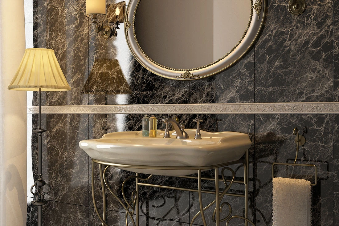 Rendering di un bagno classico con lavabo su consolle in ottone, specchio tondo e marmo scuro
