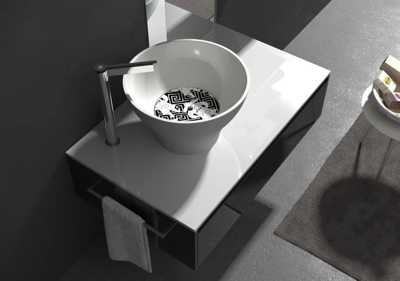 Rendering di un lavabo da appoggio in ceramica decorata su mobile bianco sospeso