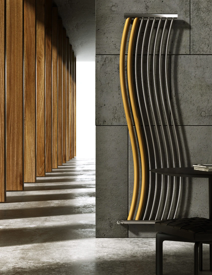 Rendering per catalogo: termoarredo dal design ondulato su parete in cemento
