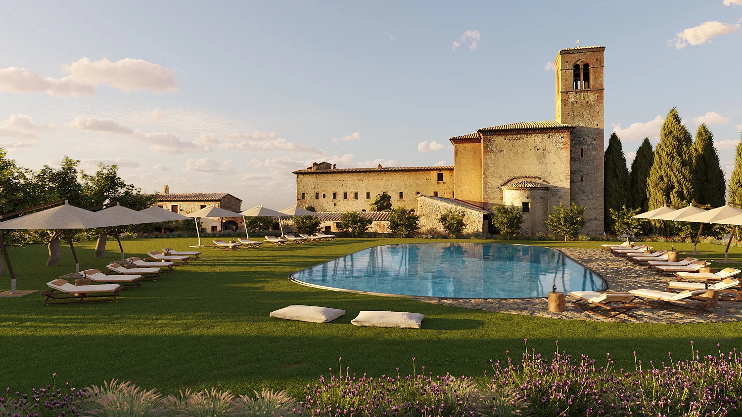 Rendering di esterni di un borgo storico in Toscana con piscina e giardino