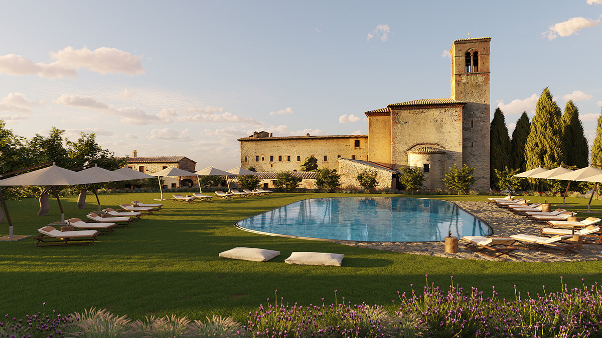Rendering di esterni di un borgo storico in Toscana con piscina e giardino