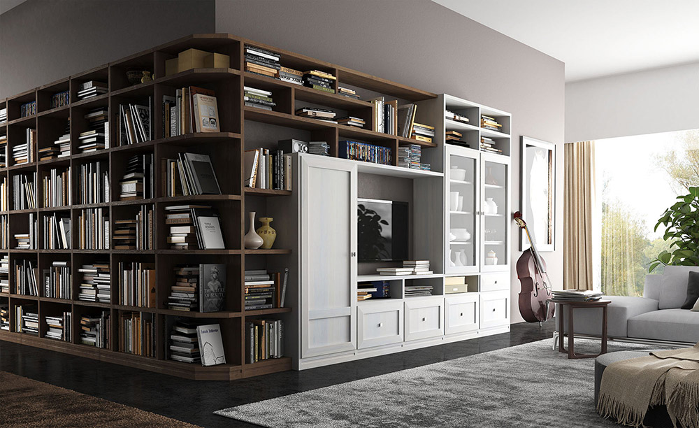Rendering di interni: soggiorno con libreria su misura e grande vetrata
