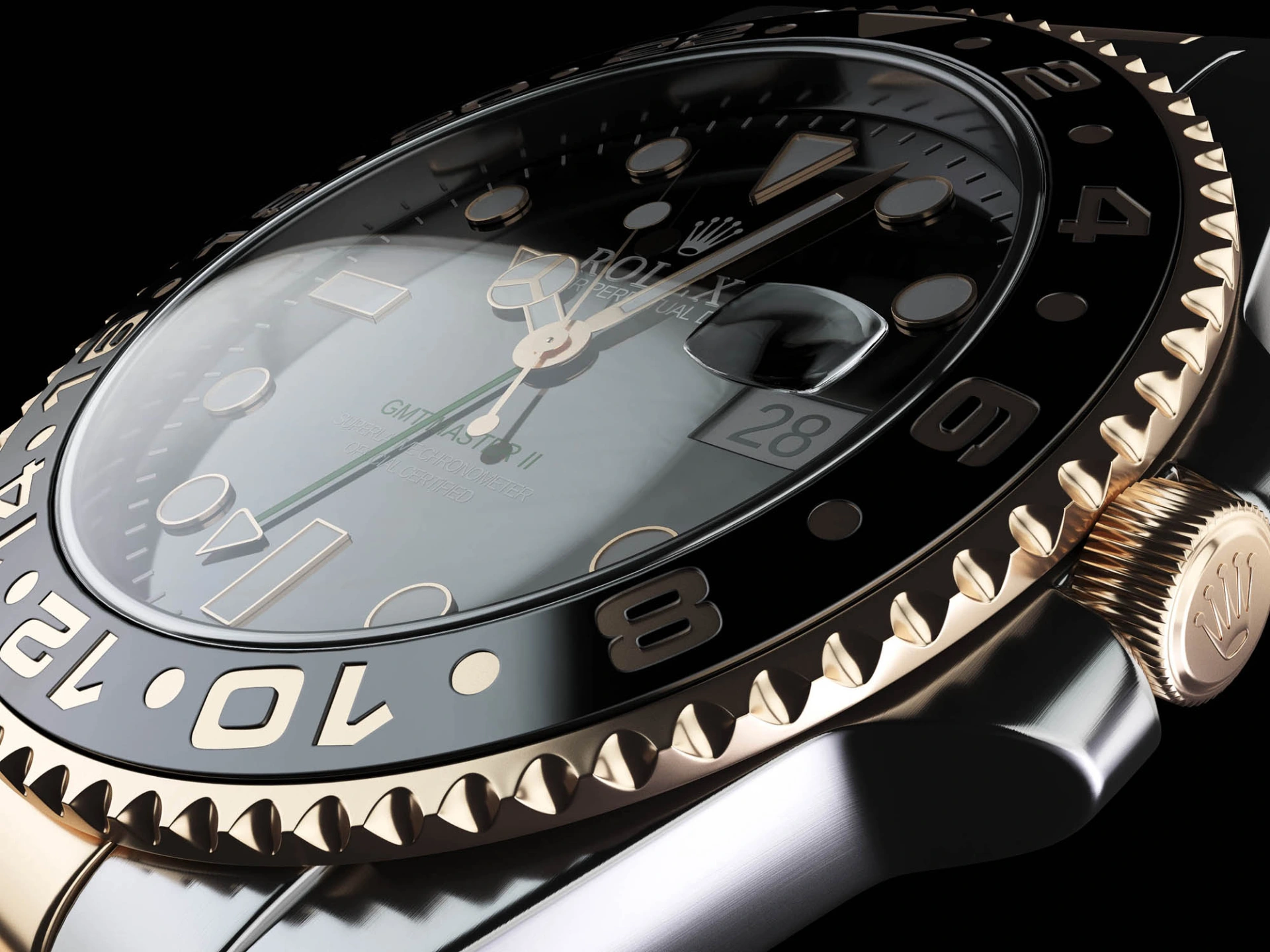 Rendering 3D di un orologio da polso in acciaio con ghiera nera, dettaglio del quadrante