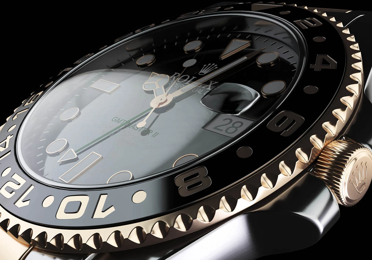 Rendering 3D di prodotto: orologio da polso in acciaio su sfondo nero