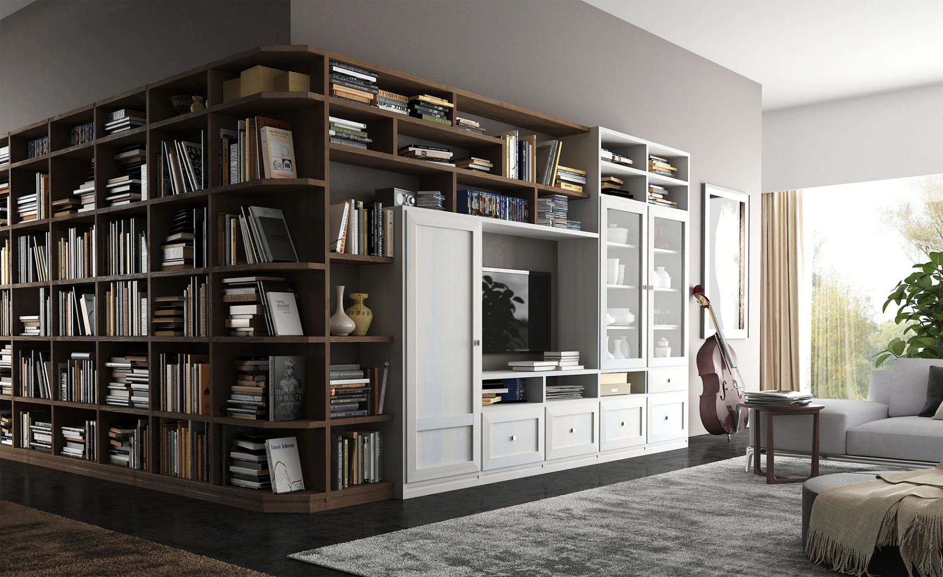 Rendering di un soggiorno con libreria a parete in legno scuro e bianco