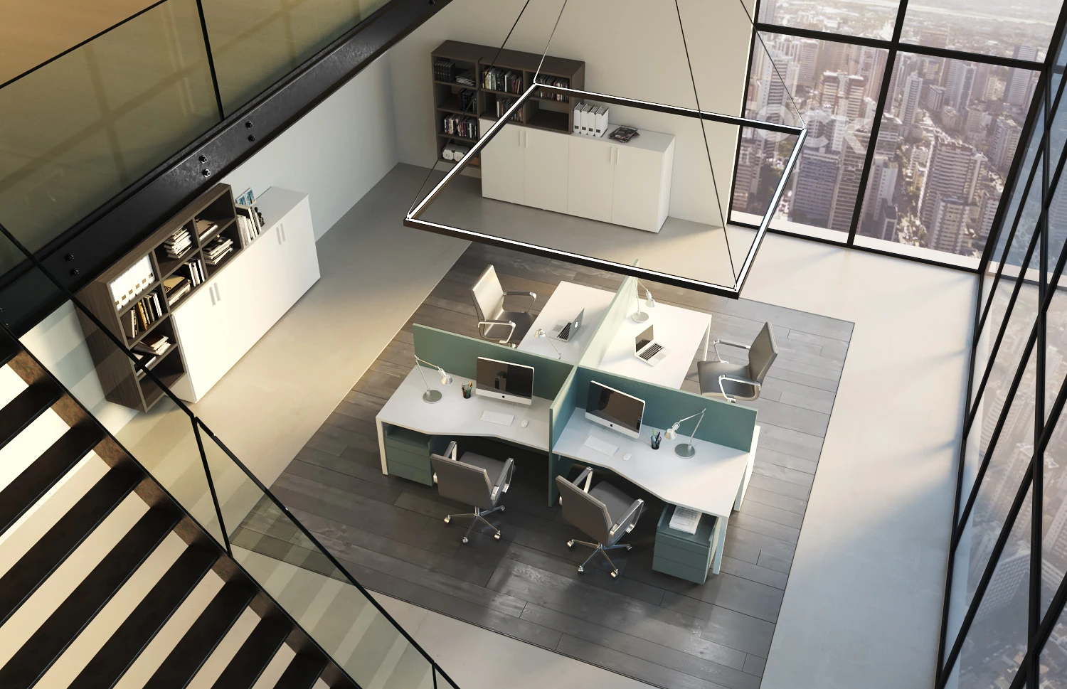 Rendering di un ufficio open space con postazioni bianche visto dall'alto