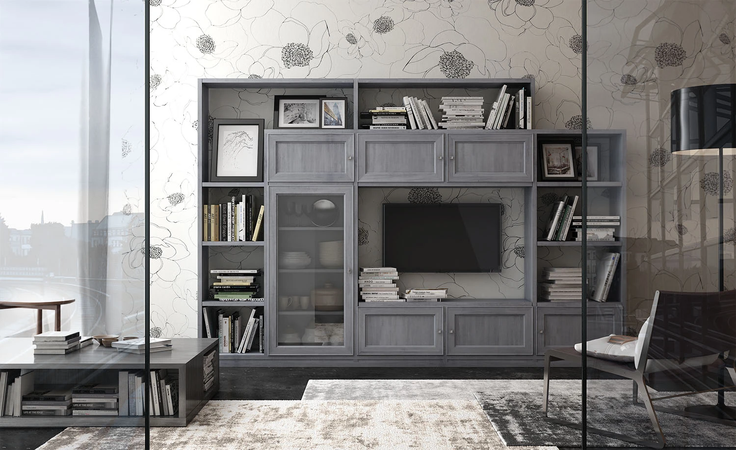 Rendering di un soggiorno con parete attrezzata, TV e libreria