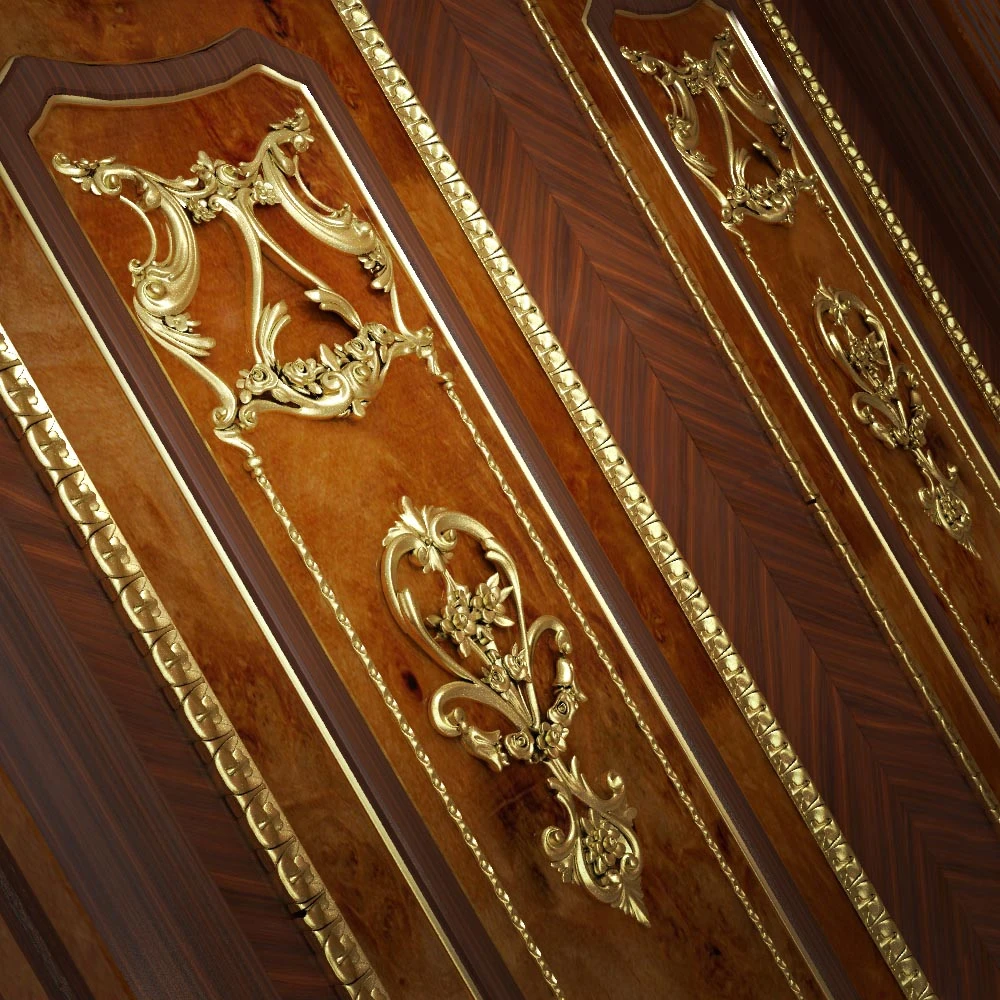Rendering di dettaglio di un'anta in legno intarsiato con decori dorati