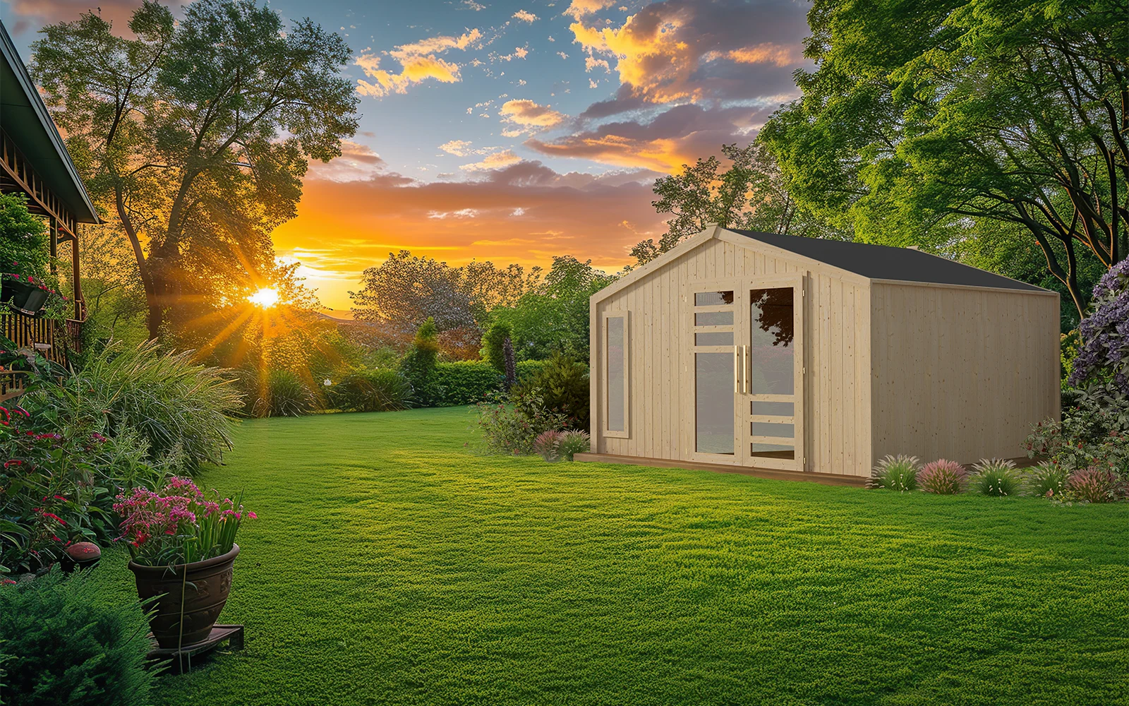 Fotoinserimento 3D di una casetta in legno con porta vetrata in un giardino al tramonto