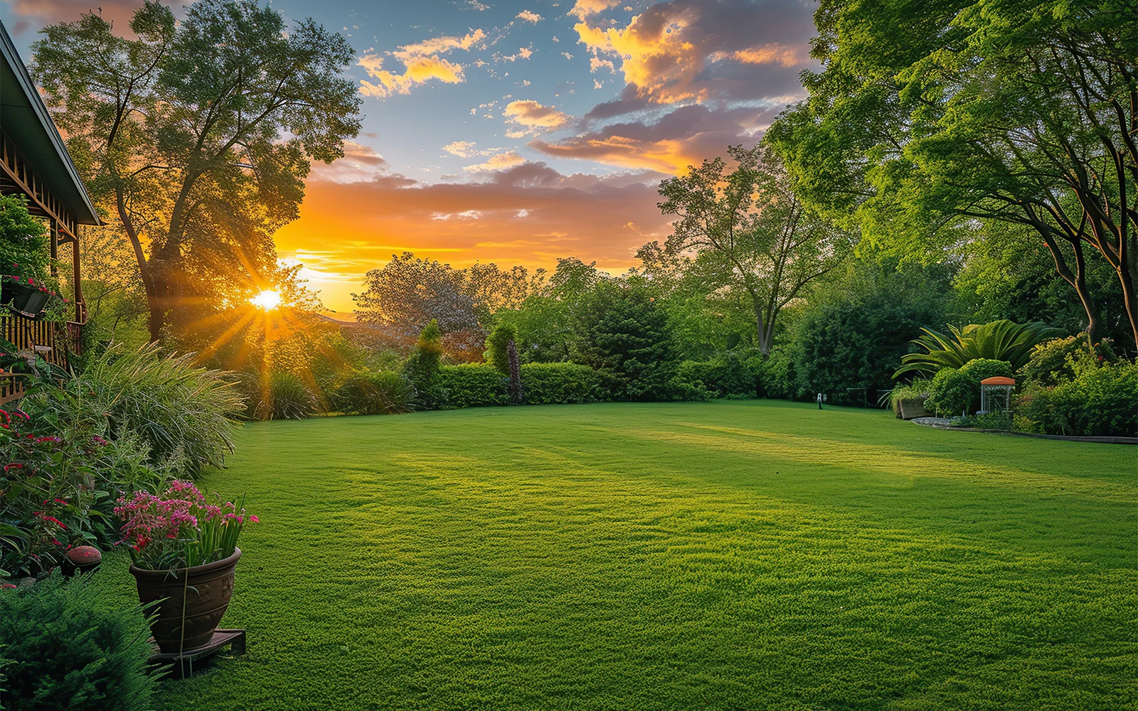 Foto di un giardino con prato al tramonto prima del fotoinserimento della casetta in legno