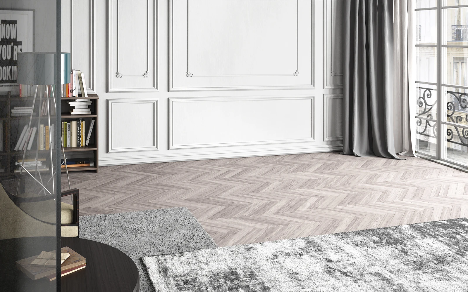 Camera classica con boiserie e parquet a spina di pesce prima del fotoinserimento del letto