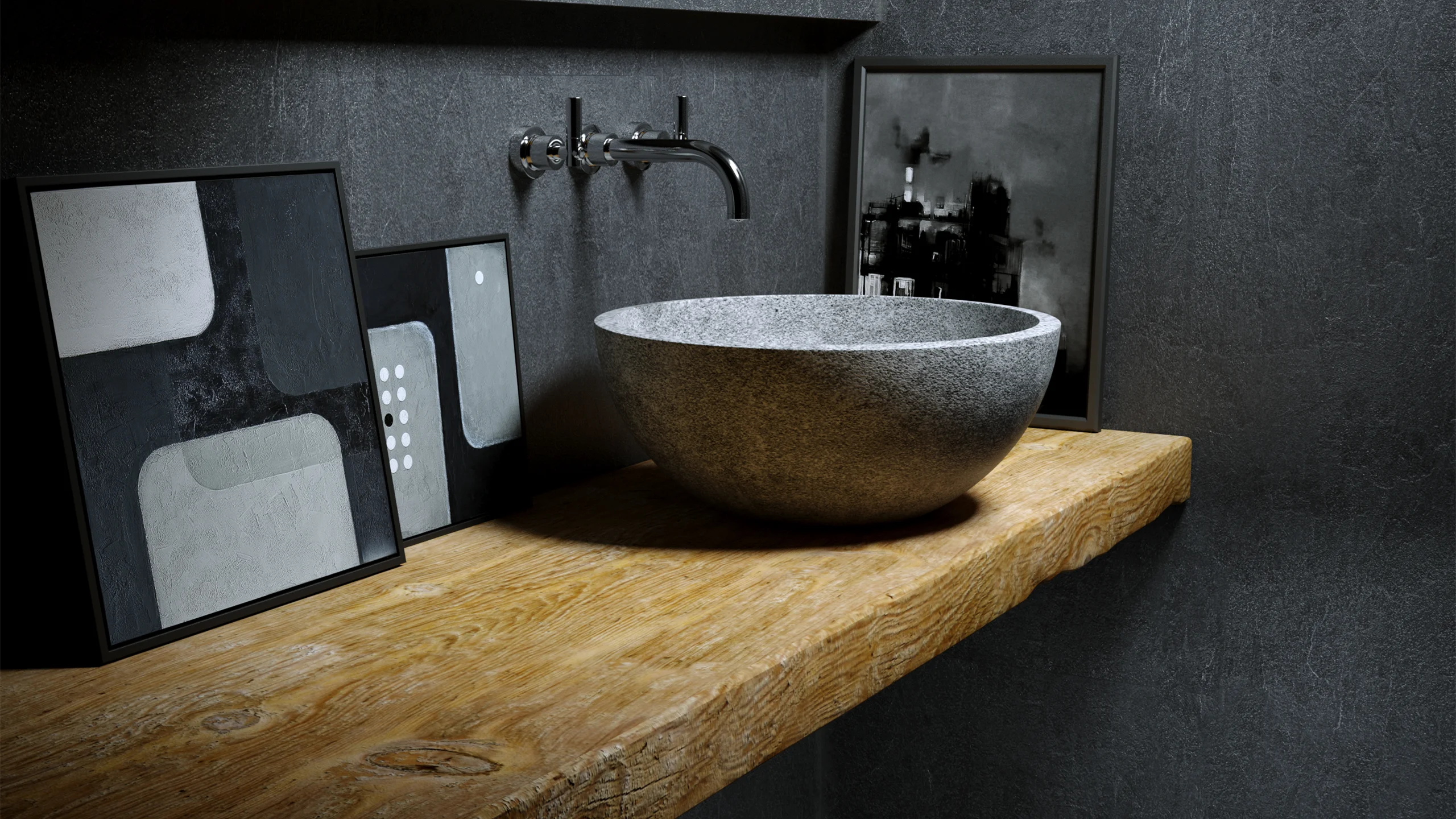 Rendering 3D di un bagno con lavabo in pietra su mensola in legno massello e parete scura