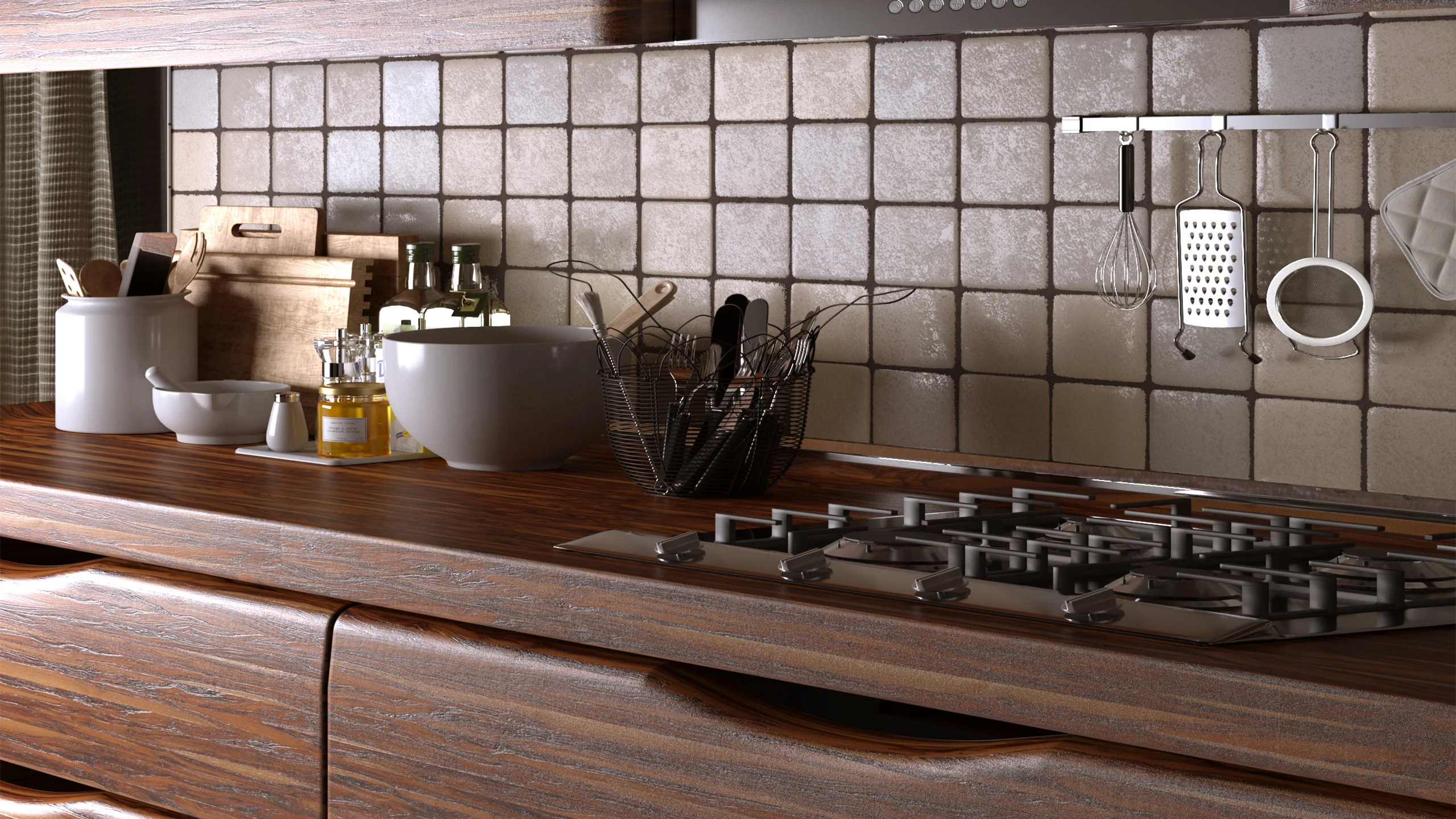 Rendering 3D di una cucina in legno con piano cottura, piastrelle chiare e utensili appesi
