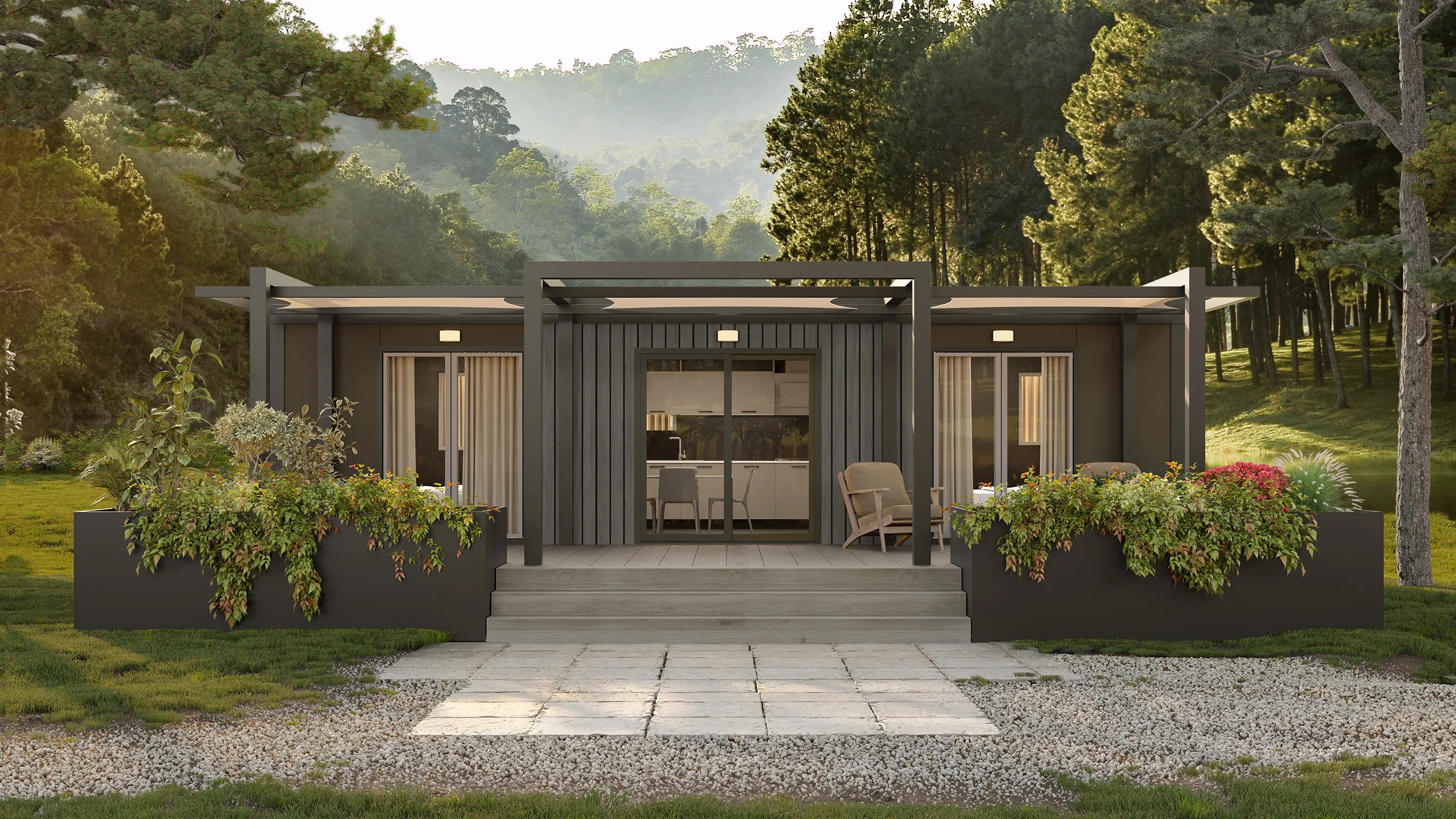 Rendering 3D di una casa prefabbricata a un piano con rivestimento scuro, vetrate e fioriere, immersa nel bosco