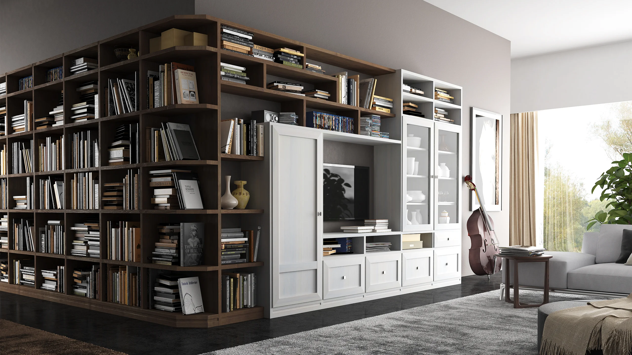 Rendering 3D di interni: soggiorno con grande libreria in legno a tutta parete e mobile bianco