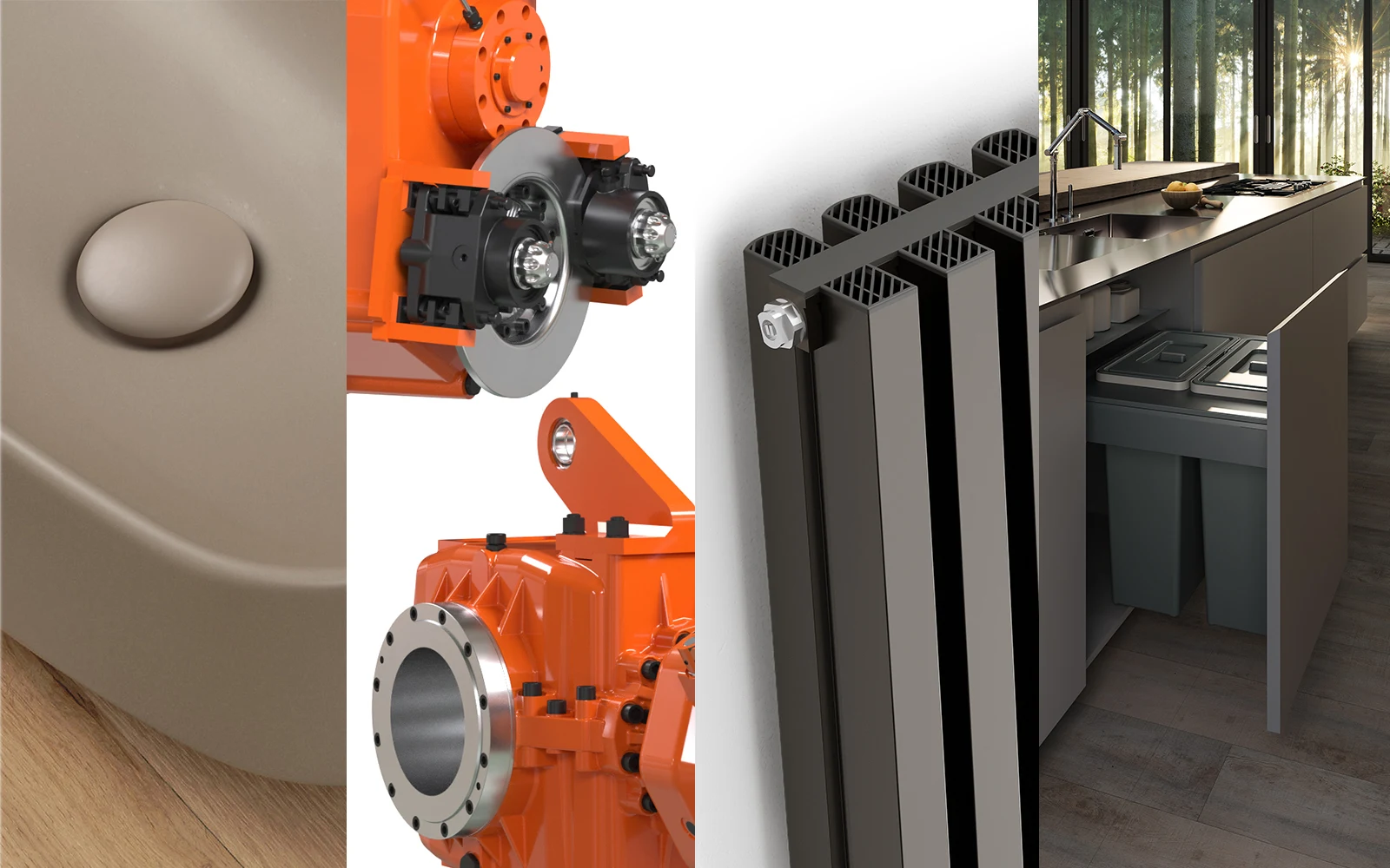 Rendering 3D di prodotti: dettaglio di un lavabo opaco color tortora, componenti meccanici industriali arancioni con disco freno, cucina con cestone estraibile per la raccolta differenziata e radiatore verticale antracite