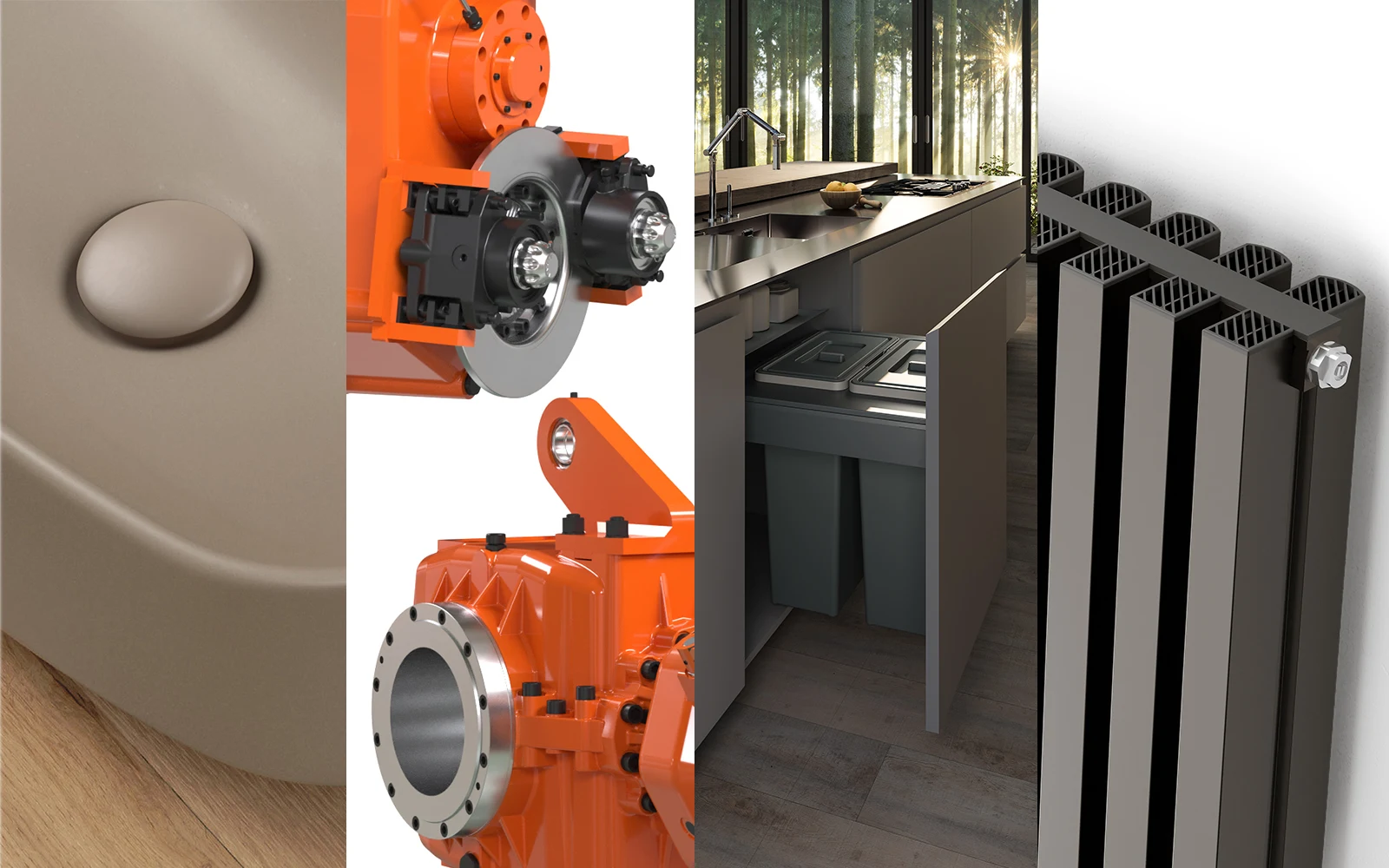 Rendering 3D di prodotti: dettaglio di un lavabo opaco color tortora, componenti meccanici industriali arancioni con disco freno, cucina con cestone estraibile per la raccolta differenziata e radiatore verticale antracite