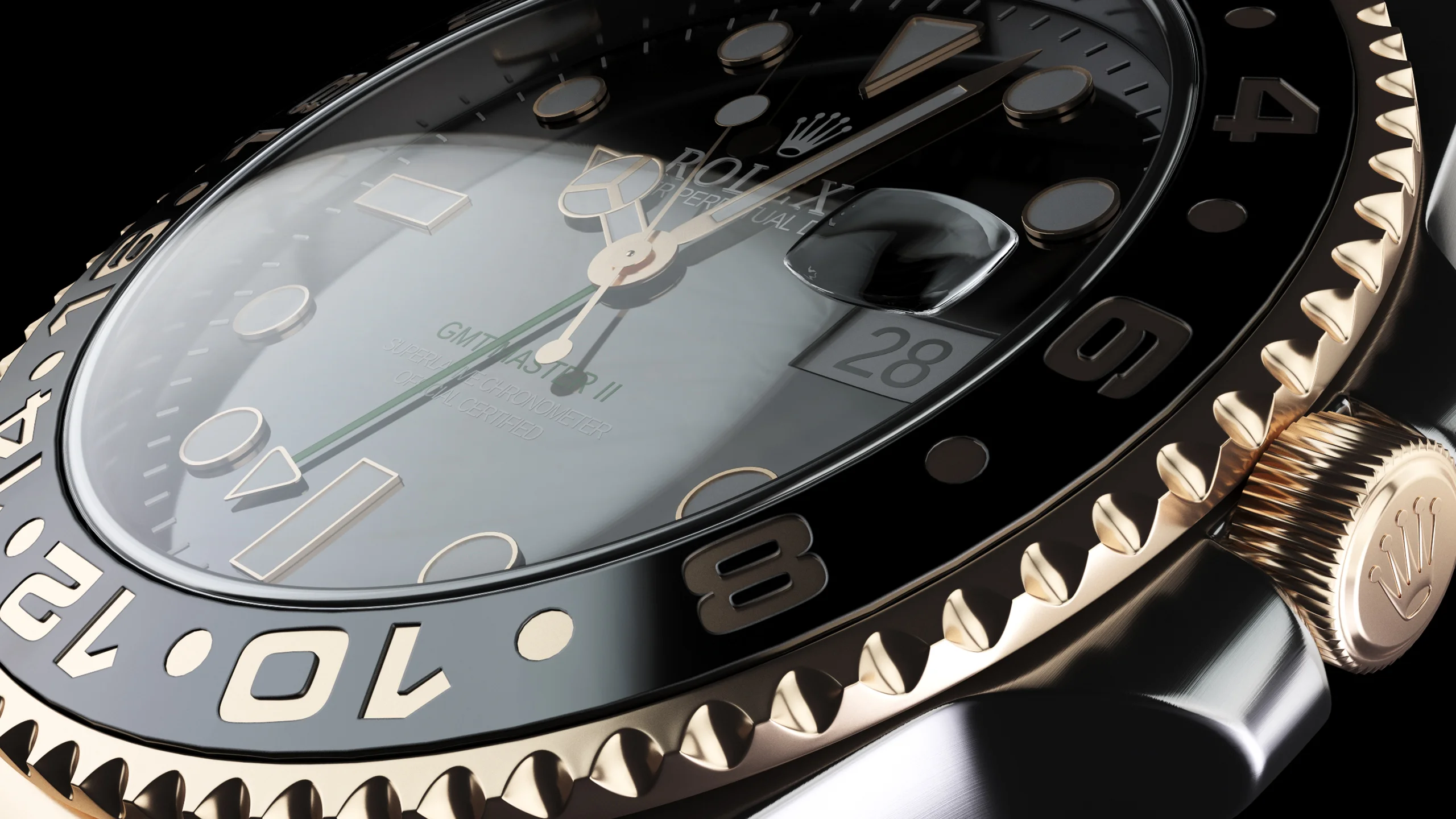 Rendering 3D di prodotto: dettaglio di un orologio da polso con lunetta nera e numeri dorati