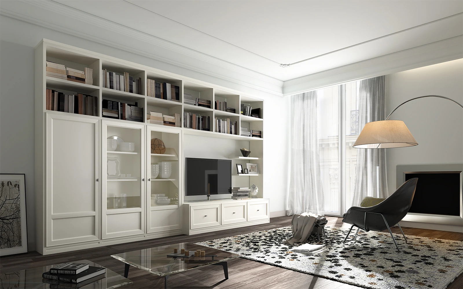 Rendering di interni: soggiorno luminoso con parete attrezzata bianca, libreria e mobile TV, lampada ad arco e tappeto a pois davanti a una grande vetrata