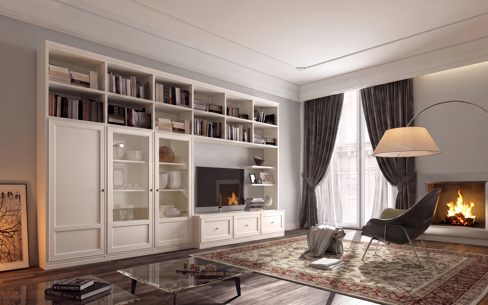 Rendering di interni: soggiorno con parete attrezzata bianca, libreria e mobile TV, lampada ad arco, camino acceso e tappeto classico davanti a una grande vetrata con tende scure